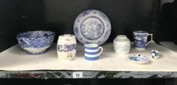 A quantity of blue and white including Cornishware jug