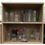 2 shelves of glass vases etc including cube glass