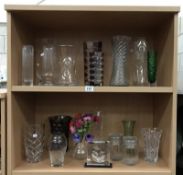 2 shelves of glass vases etc including cube glass