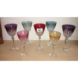 5 clear & colour crystal glasses & 2 smaller examples