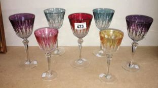 5 clear & colour crystal glasses & 2 smaller examples