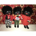 3 limited edition Robin Rive Golly dolls being Wee Golly Girl, Tiny Golly and Freddy.