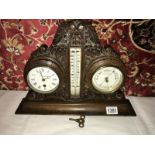 An Edwardian carved oak clock/barometer/thermometer by J Spiers, Leighton Buzzard.