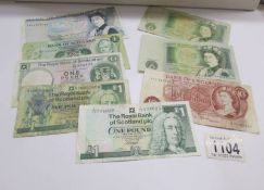 8 bank notes - Duke of Wellington £5, 2 x £1 notes, a 10/- note and 4 Bank of Scotland £1 notes.