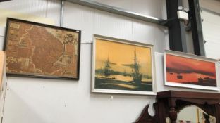 2 retro 1960's prints 'for pleasure' by Jason in frames & a framed map of Lincolnshire