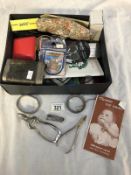A box of miscellaneous items including mirrors, scissors etc.