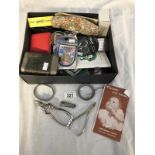 A box of miscellaneous items including mirrors, scissors etc.