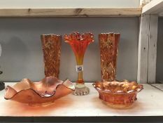 3 carnival glass vases and 2 dishes.