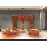 3 carnival glass vases and 2 dishes.