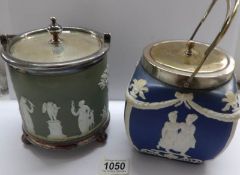 A Wedgwood Jasper ware biscuit barrel and a similar example.