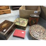 4 old tins and Yorkshire savings box with keys.