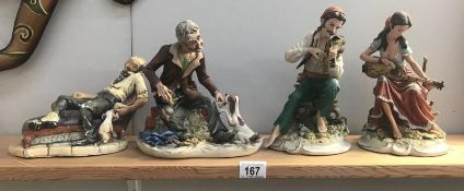 2 Staffordshire and 1 chalk, Capo-di-Monte tramp style figures.