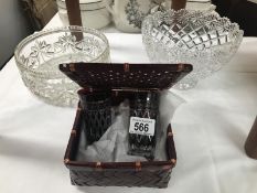 A crystal glass bowl and 1 other and a boxed pair of Bohemian shot glasses.