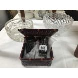 A crystal glass bowl and 1 other and a boxed pair of Bohemian shot glasses.