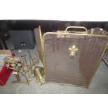 A brass folding fire guard, fire dogs etc a/f.