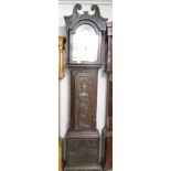 A carved oak long case clock with painted arched dial, 'Wm Bowers, Chesterfield'.