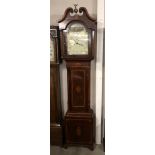 A mahogany inlaid 8 day long case clock with painted arched dial 'John Brown, Harleston'.