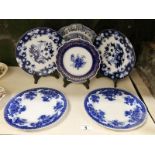 A Spode Italian plate, 2 Meakin blue and white plates and 3 others.