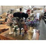 A quantity of vases and dried flowers, including victorian painted glass tall vase.