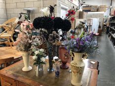 A quantity of vases and dried flowers, including victorian painted glass tall vase.