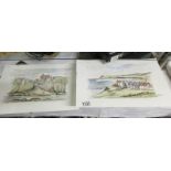 2 unframed watercolours of Robin Hood's bay signed Frank Baxter.