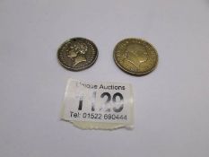 2 good replica coins - George III 1817 half crown and George III two pound (drilled).