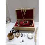 A jewellery box and contents including large Victorian cameo brooch, pocket watch etc.