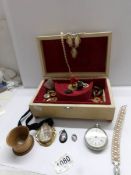 A jewellery box and contents including large Victorian cameo brooch, pocket watch etc.