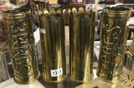 2 pairs of first world war brass trench art shell cases -one pair Notts & Derby Sherwood foresters