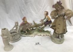 A porcelain boy and girl on see-saw, a continental porcelain figure and 2 white spill vases.