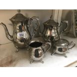 A silver plate coffee pot, teapot, milk jug, lidded sugar bowl etc.