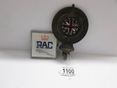 A 1930's R.A.C Club Association car badge and a new R.A.C car badge with jaguar motif.