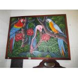 A large picture of parrots on canvas.