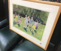 A framed and glazed pastel of children at play, signed T Clepham.