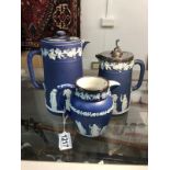 3 items of Wedgwood Jasper ware being a jug with silver rim,