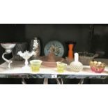 A mixed lot of glassware including pink centrepiece, vaseline glass, cut glass etc.