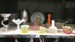 A mixed lot of glassware including pink centrepiece, vaseline glass, cut glass etc.