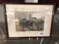 A Victorian coloured engraving of Lincoln High Street, Memorial and Cathedral etched by J Redaway.
