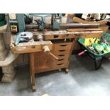 A vintage carpenters wood working bench.