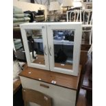 A bathroom cabinet with mirror doors.