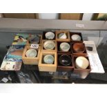 11 Japanese sake's bowls in tray together with Japanese design coasters.