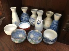 6 Japanese sake flasks and 5 sake cups (all with marks)