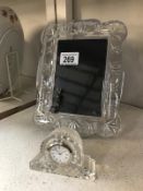 A Waterford glass picture frame and a Waterford glass miniature mantel clock (a/f).
