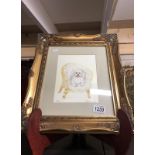 A gilt framed and glazed portrait of a dog on a chair entitled 'Holly' and signed K Fletcher.