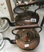 2 Victorian copper kettles and a modern brass shaving mirror.