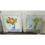 A framed and glazed British school acrylic on board of flowers in a Chinese vase on a table