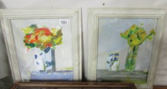 A framed and glazed British school acrylic on board of flowers in a Chinese vase on a table