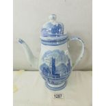 A large blue and white pearl ware coffee pot circa 1800 with ruins pattern (lid restored).
