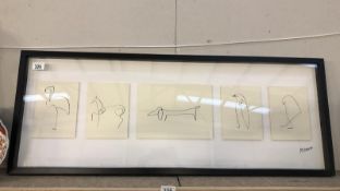 A framed and glazed print of single line animals by Picasso.