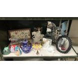 A mixed lot including mirrors, china swan, Staffordshire figure, blue glass teapot etc.